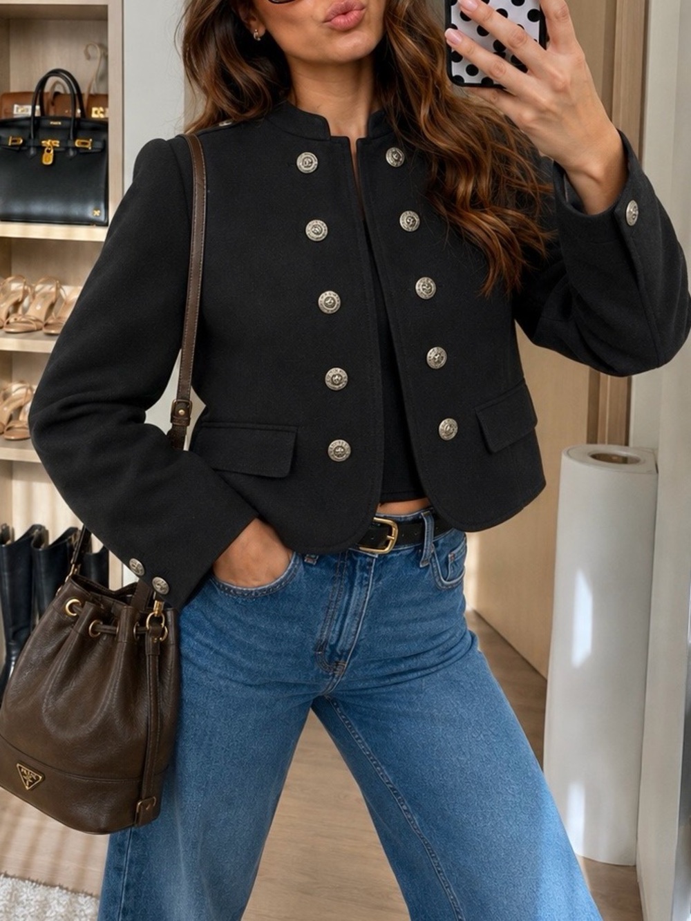 Zara NWT Black Military-Style Double-Breasted Jacket with Silver buttons